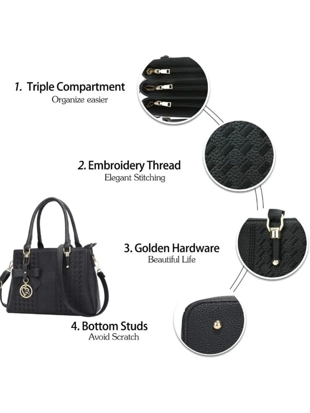 Stylish PU Leather Satchel Bag with Removable Strap, 3 Zippered Compartments